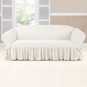 Essential Twill Box Cushion Sofa Slipcover Ruffles and Ties